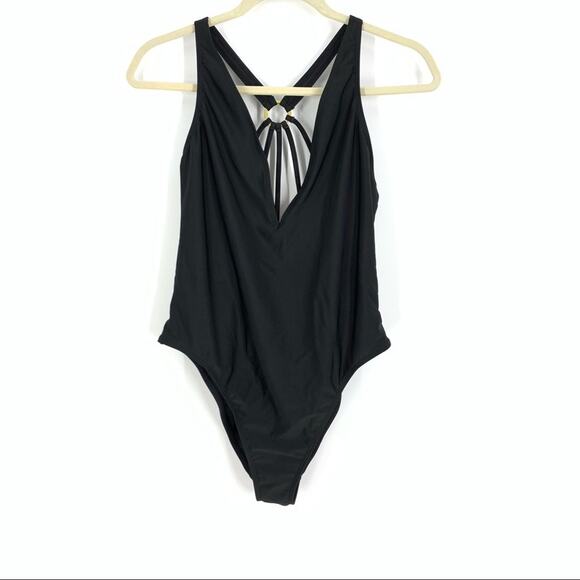 Asos Size 8 Black One Piece Bathing Suit V-Neck Open Strappy Racerback - Picture 8 of 8
